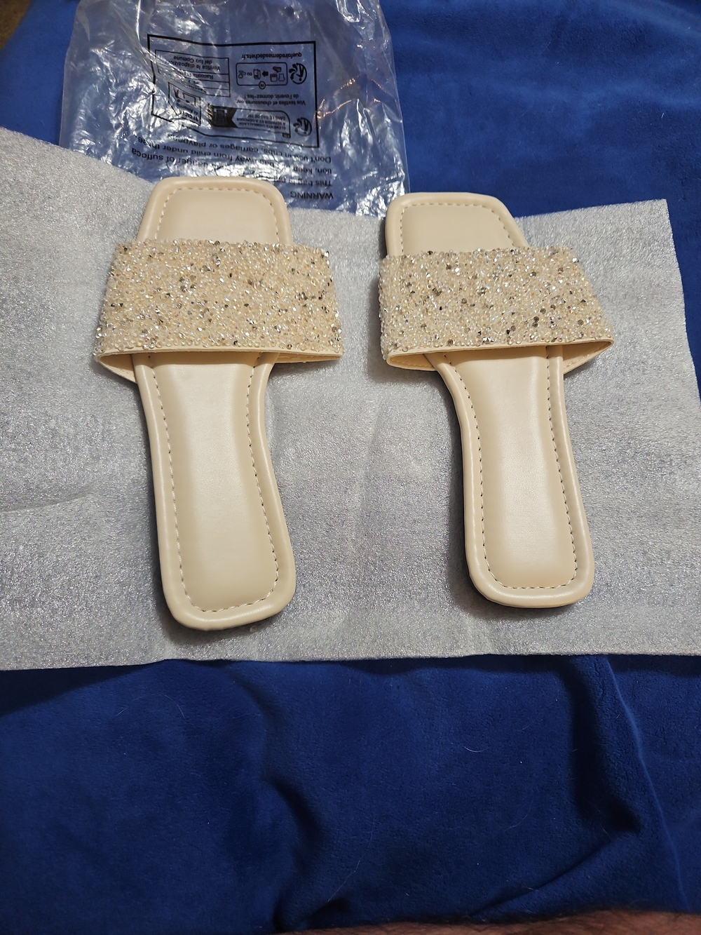 Women's Glitter Slide Sandals in Beige - Sparkle Strap Comfort